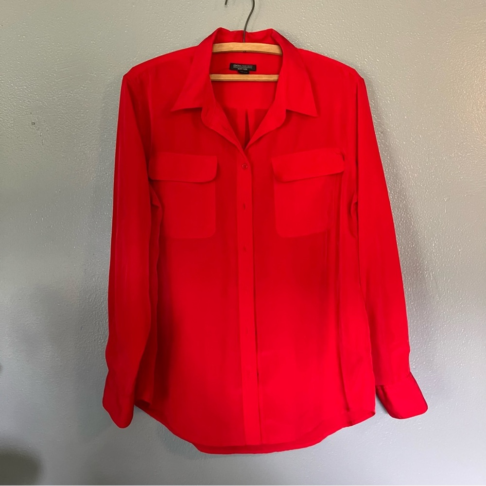 Central Park West Red Button Down Shirt with Notched Collar